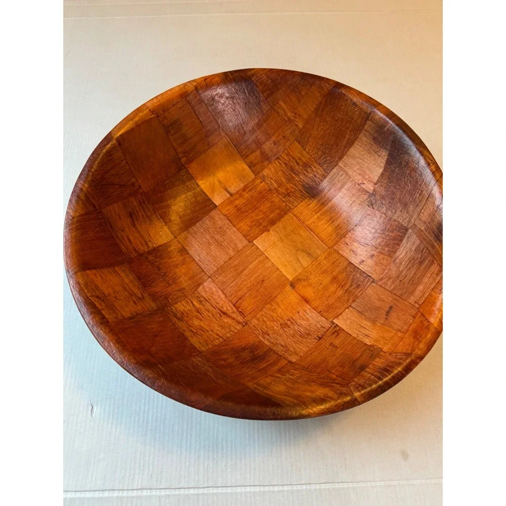 Vintage Large Woven Wood Salad Bowl 14 Inch Mid Century Serving Bowl Brown